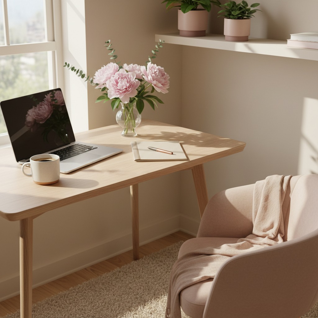 Ein heller, minimalistischer Arbeitsplatz mit einem Holztisch, einem Laptop, einer Tasse Kaffee, einem Notizbuch mit Stift, einer Glasvase mit rosa Pfingstrosen und einem rosa Sessel im sanften Morgenlicht.